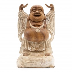 Statueta Lemn Buddha fericit cu mâinile sus - Alb 40 cm