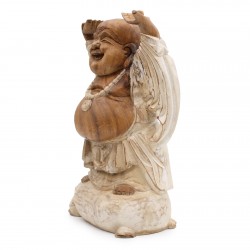 Statueta Lemn Buddha fericit cu mâinile sus - Alb 40 cm