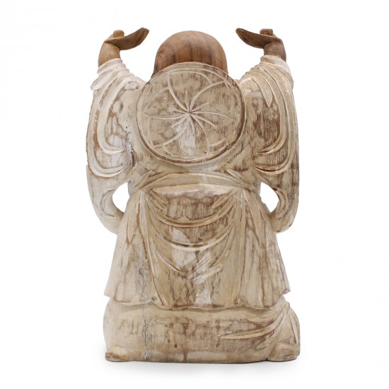 Statueta Lemn Buddha fericit cu mâinile sus - Alb 40 cm Statueta Lemn Buddha fericit cu mâinile sus - Alb 40 cm