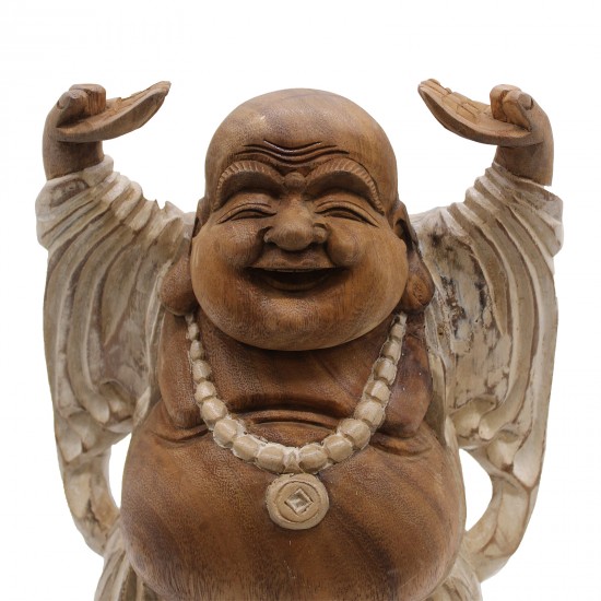 Statueta Lemn Buddha fericit cu mâinile sus - Alb 40 cm Statueta Lemn Buddha fericit cu mâinile sus - Alb 40 cm